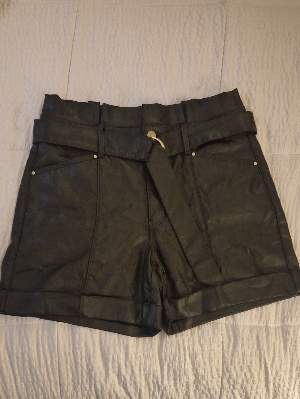 White House Black Green High-Rise Coated Denim Paperbag Shorts sz 6